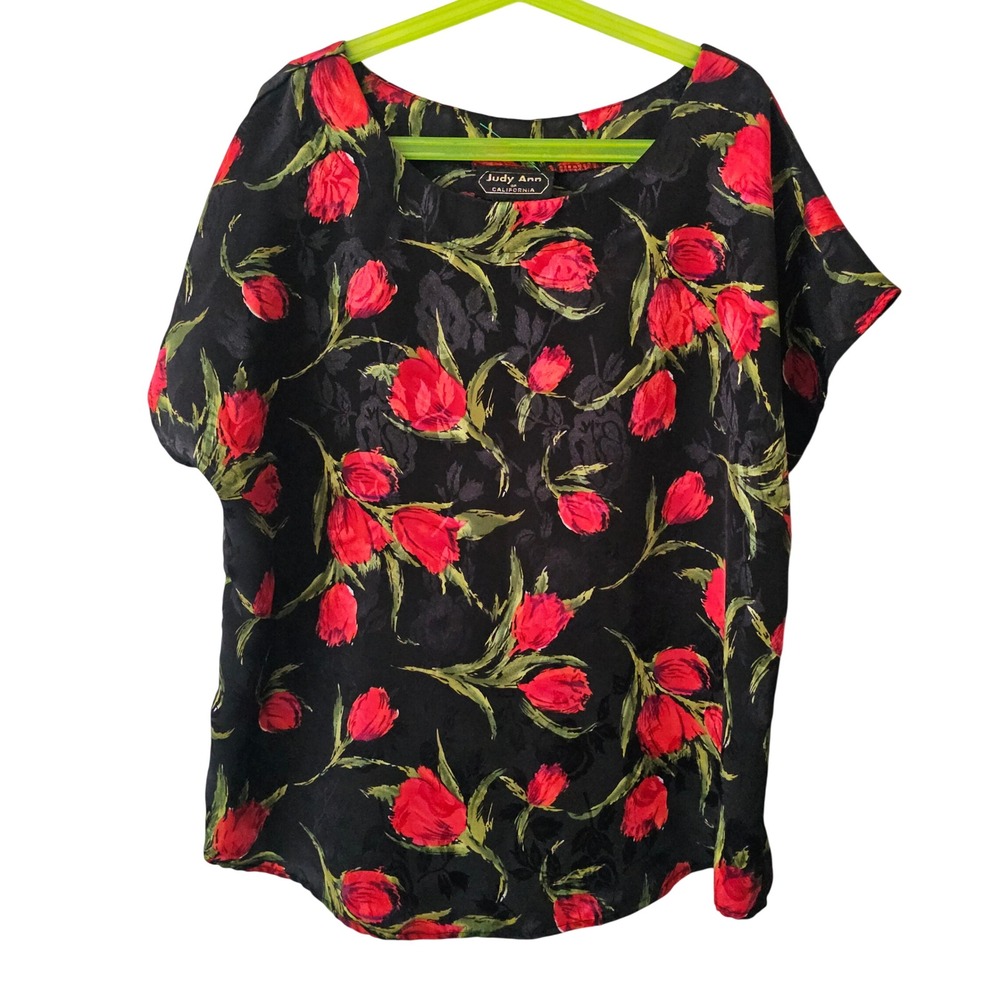 Judy Ann of California Vintage Floral Tulip Jacquard Blouse Black Red Medium